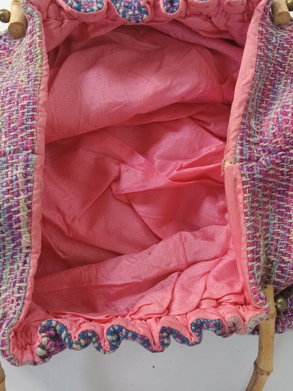 Vintage Hand Woven Fabric Textile Handbag Purse Pink Blue Bamboo Handles - Picture 14 of 15